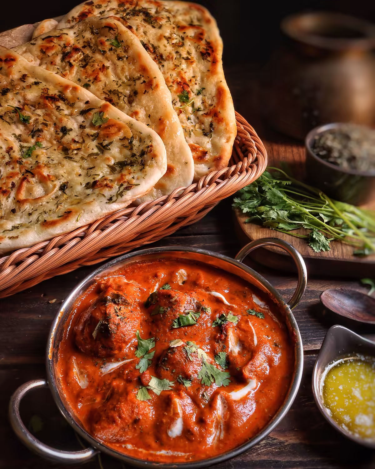 Butter chicken s košíkem česnekového naanu, fotografie, avif